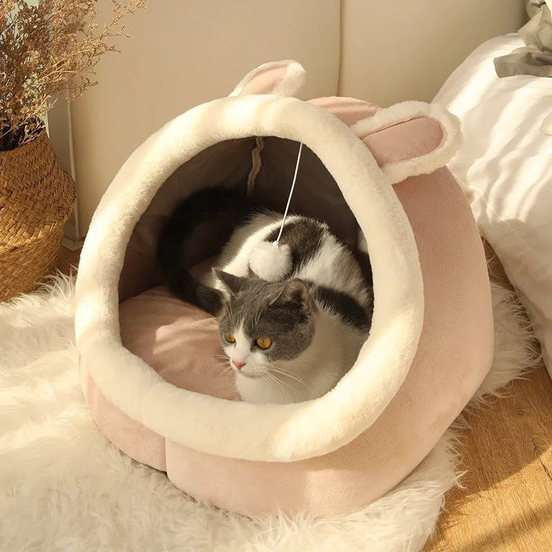 Cama Acogedora para Gatos – Cesta Suave con Cojín Doble Cara Lavable y Techo tipo Tienda