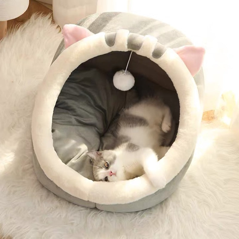 Cama Acogedora para Gatos – Cesta Suave con Cojín Doble Cara Lavable y Techo tipo Tienda