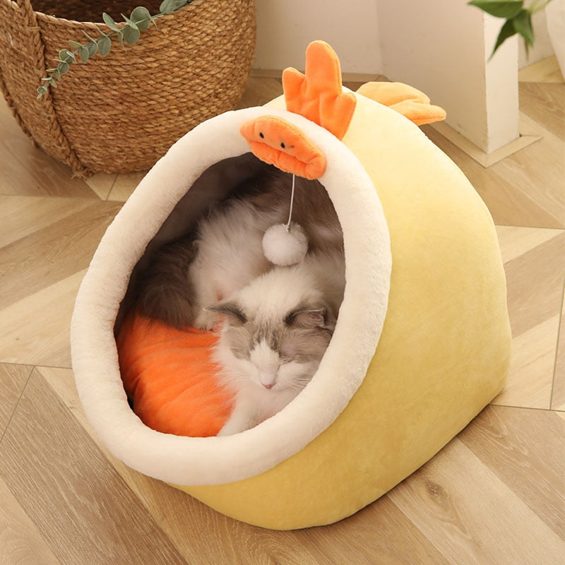 Cama Acogedora para Gatos – Cesta Suave con Cojín Doble Cara Lavable y Techo tipo Tienda