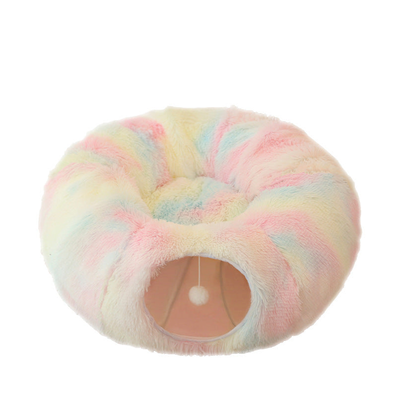 Cama Túnel 2 en 1 para Gatos – Juguete Interactivo y Cama Cálida de Peluche con Forma de Dónut