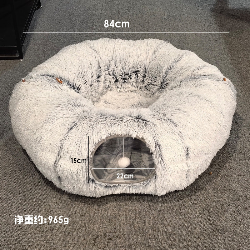 Cama Túnel 2 en 1 para Gatos – Juguete Interactivo y Cama Cálida de Peluche con Forma de Dónut