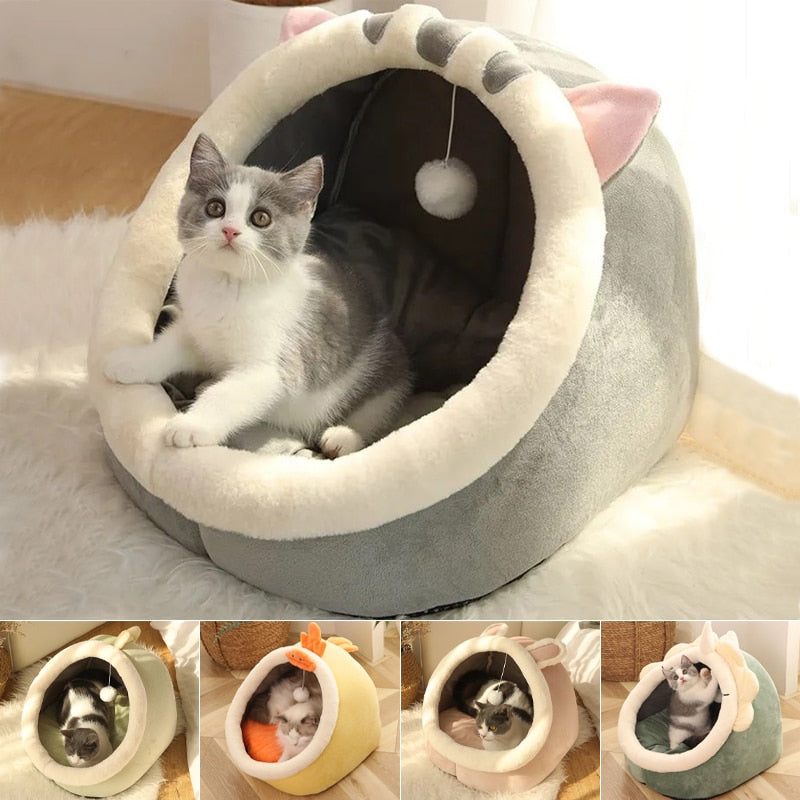 Cama Acogedora para Gatos – Cesta Suave con Cojín Doble Cara Lavable y Techo tipo Tienda