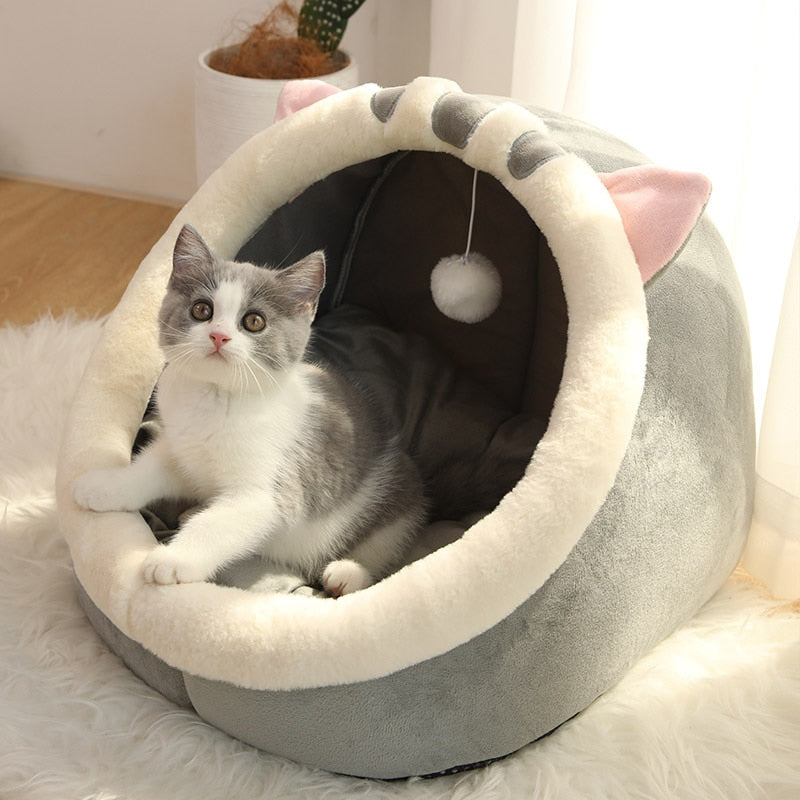 Cama Acogedora para Gatos – Cesta Suave con Cojín Doble Cara Lavable y Techo tipo Tienda