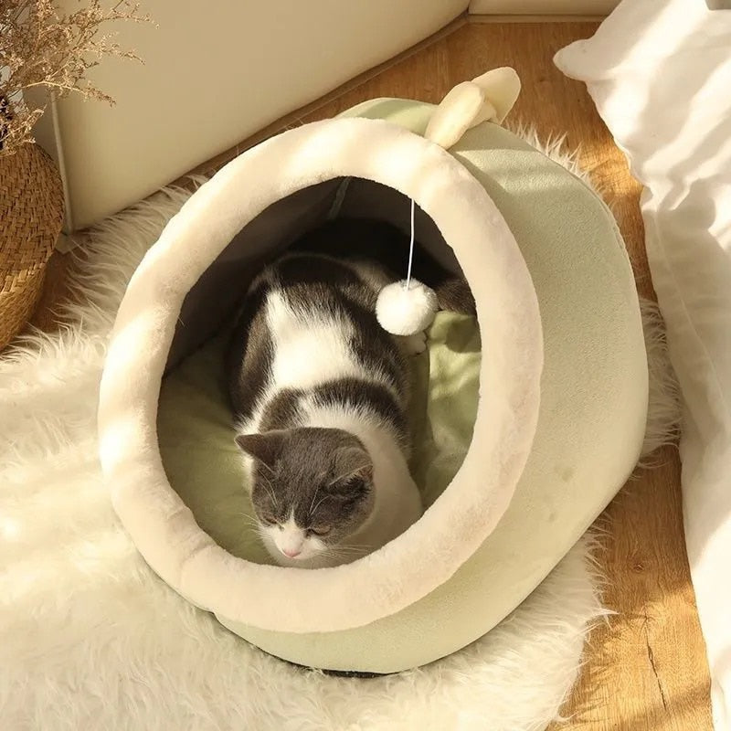 Cama Acogedora para Gatos – Cesta Suave con Cojín Doble Cara Lavable y Techo tipo Tienda