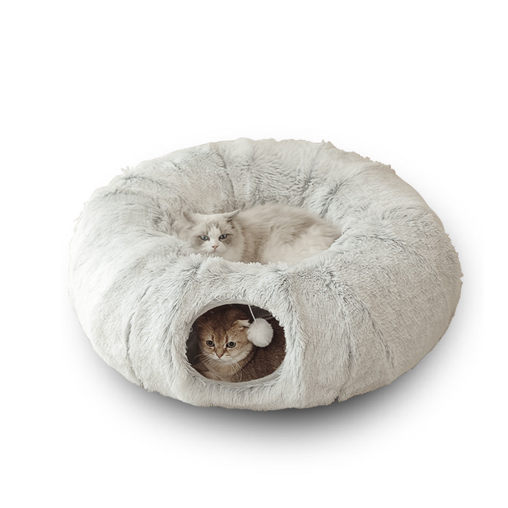 Cama Túnel 2 en 1 para Gatos – Juguete Interactivo y Cama Cálida de Peluche con Forma de Dónut