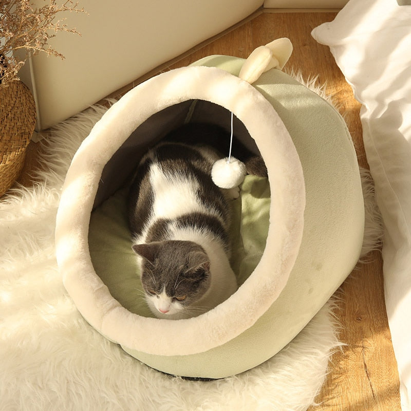 Cama Acogedora para Gatos – Cesta Suave con Cojín Doble Cara Lavable y Techo tipo Tienda